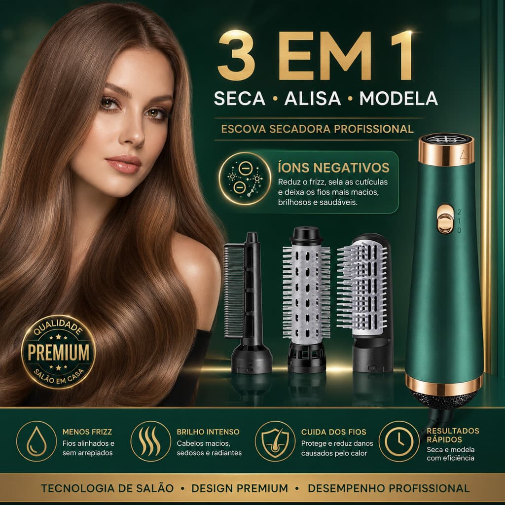 Escova Secadora 3 Em 1 Íon Negativo 110V Secador De Cabelo Pente De Ar Quente Modelador