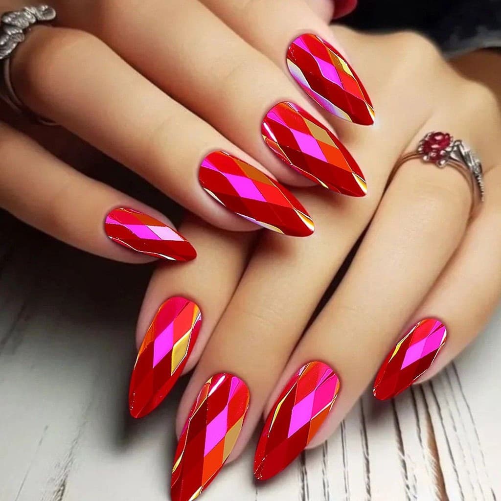 Comprimento médio usando unhas cor mágica galvanoplastia Metal brilhante Manicure peça estilo moda amêndoa unhas falsas