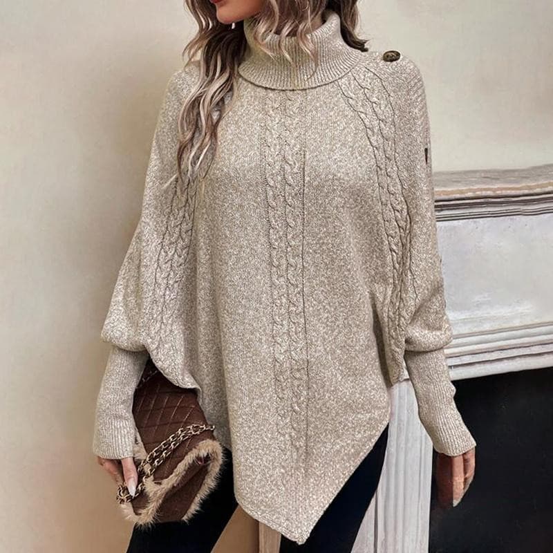 Suéter Poncho Feminino de Manga Morcego, Gola Alta com Trança, Pulôver Tricotado Oversized Casual para Outono e Inverno