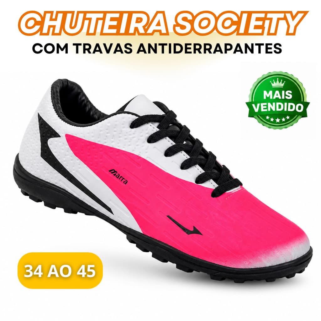 Chuteira Society com Travas Antiderrapante Rosa Pink Unissex Leve Confortável Grama Sintética Brasil