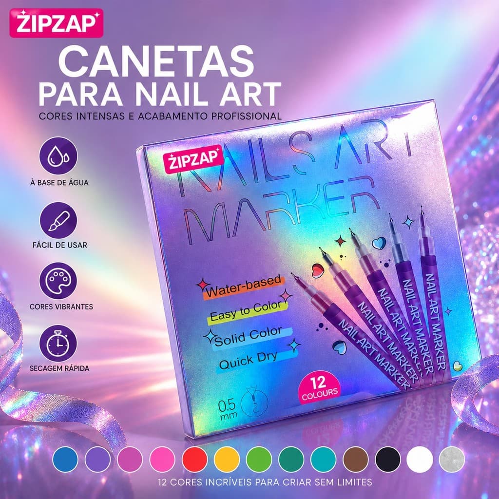 Kit 12 Canetas para Unhas Ponta Fina 0,5mm Secagem Rápida Nail Art ZIPZAP