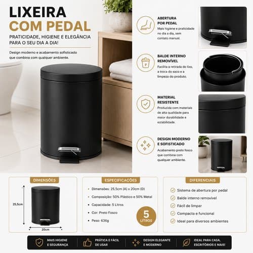 Lixeira Pedal Resistente Com Tampa Capacidade 5 Litros Cozinha Banheiro Escritório