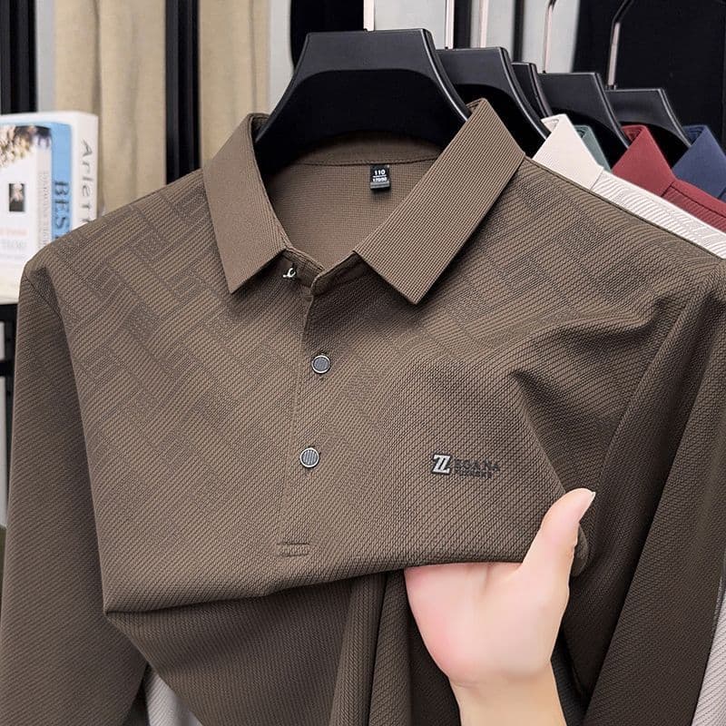 Primavera outono masculino de meia-idade manga comprida lapela camiseta solta Casual All-Match P