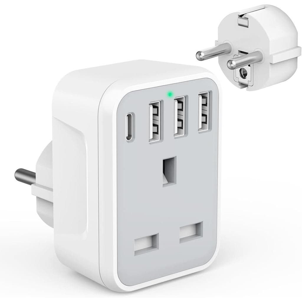Adaptador de viagem do Reino Unido para a Europa com 4 portas USB (1 USB C), adaptador de tomada com ligação à terra pad