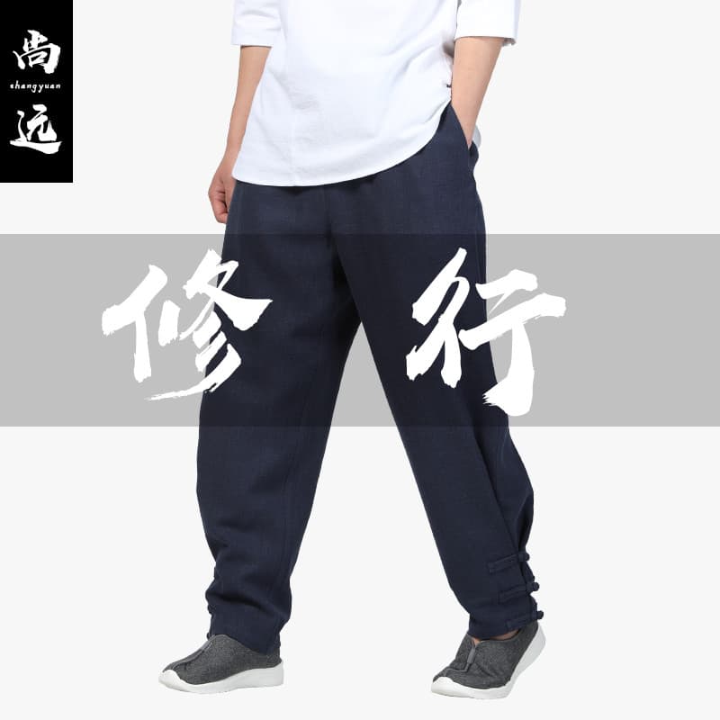 Shangyuan primavera verão três botões versão solta calças casuais Zen monge calças Layman estilo chinês calças masculina
