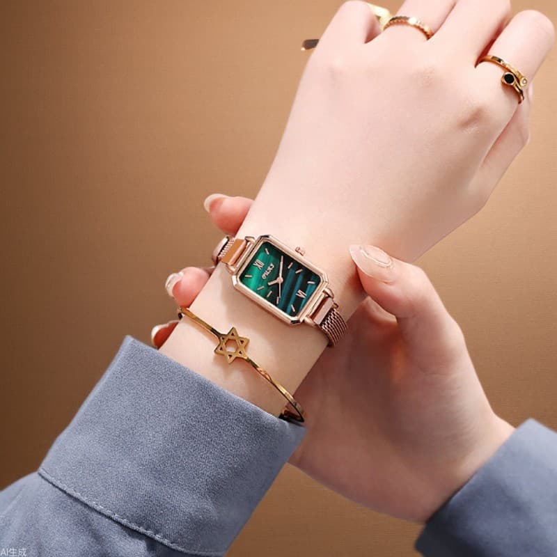 Retro elegante senhoras relógio atacado feminino pequeno quadrado relógio feminino pequeno verde grande mostrador