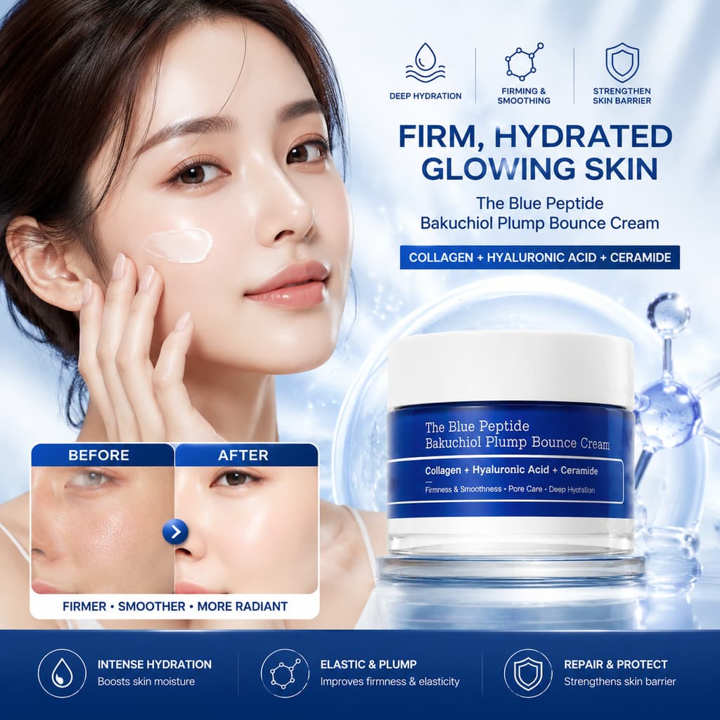 Bakuchiol Plump Bounce Cream , Hidratante Facial Reafirmante De Peptídeo De Cobre Azul Com Colágeno E Ceramida , Suaviza