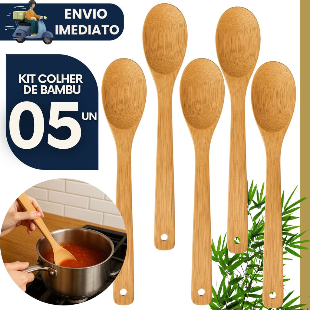 Kit 5 Colheres de Bambu 30cm p Cozinhar Utensílio de Cozinha Natural Resistente Panela Antiaderente