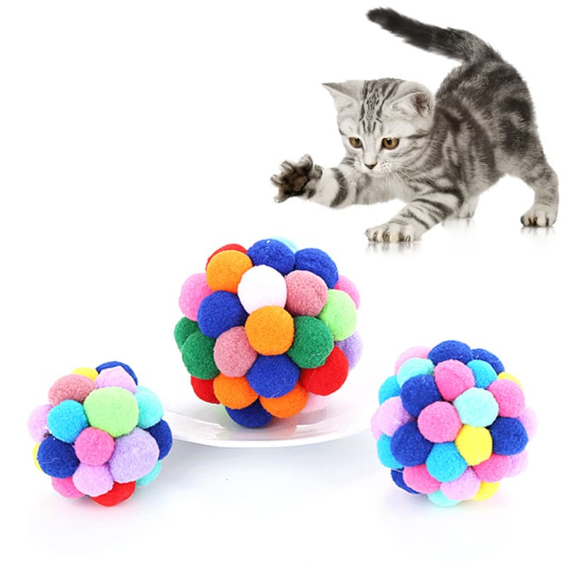 Brinquedo de gato auto-feliz bola mascar bola de pelúcia colorido arco-íris artesanal bola de pele mudo diâmetro silenci