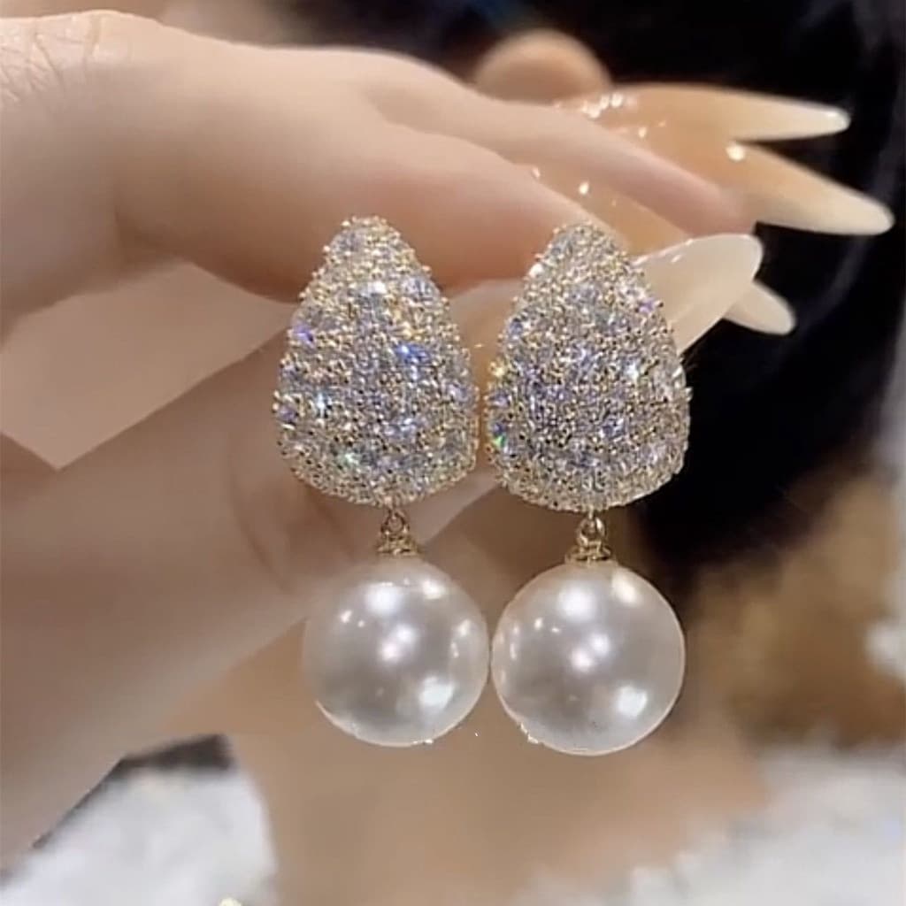 Brincos longos de pérolas luxuosos, cravejados de diamantes, brincos pendentes de prata 925, joias femininas para festas