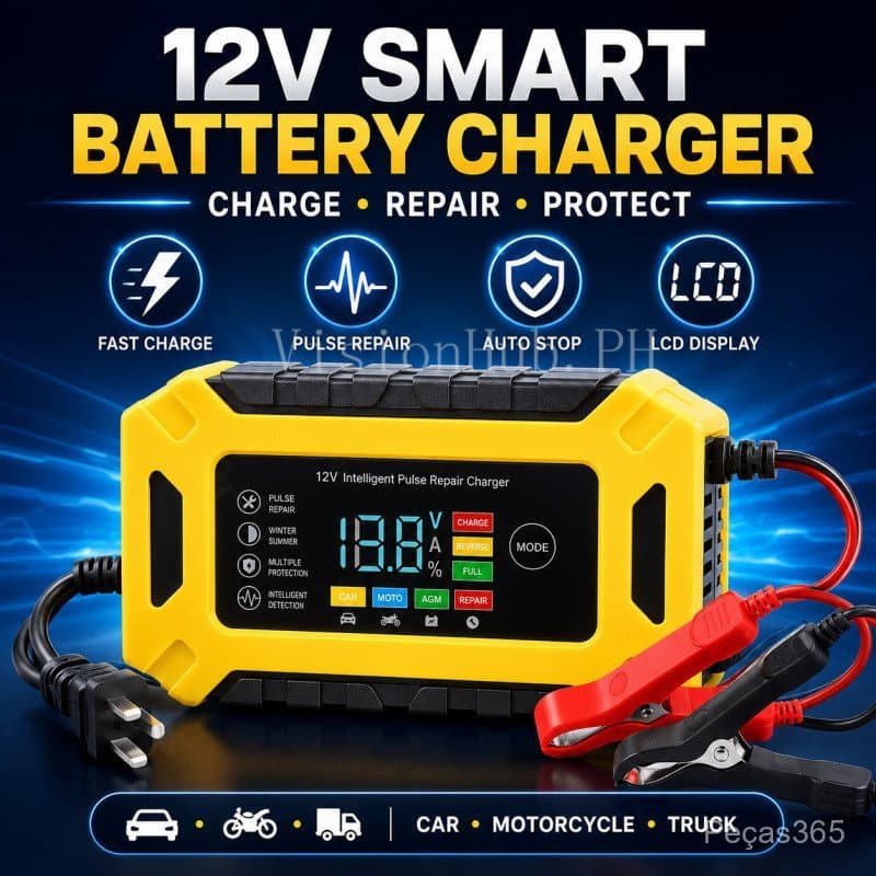 Carregador de Bateria Inteligente 12V com Reparo por Pulso – Parada Automática para Carro/Motocicleta/AGM (110-230V)