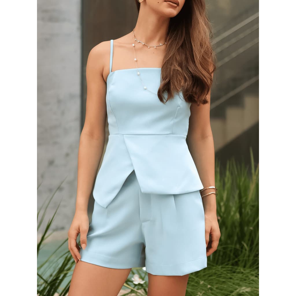 Conjunto Alfaiataria Feminina Blusa Bata Assimétrica Alcinha Lastex Costas  e Short com Bolso Tecido