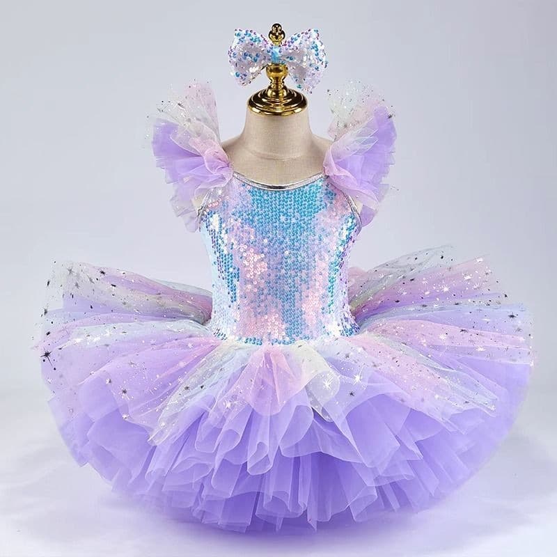 [WDF] Fantasia de Pettiskirt de balé para meninas, vestido de princesa com lantejoulas para Performance de jardim de inf