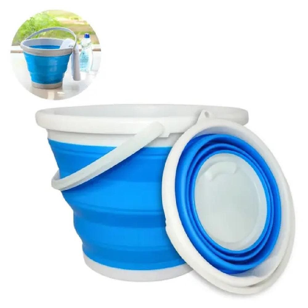 Balde Dobrável Compacto Silicone para Camping Lavanderia Agua Multiuso Flexível 10 L - Azul