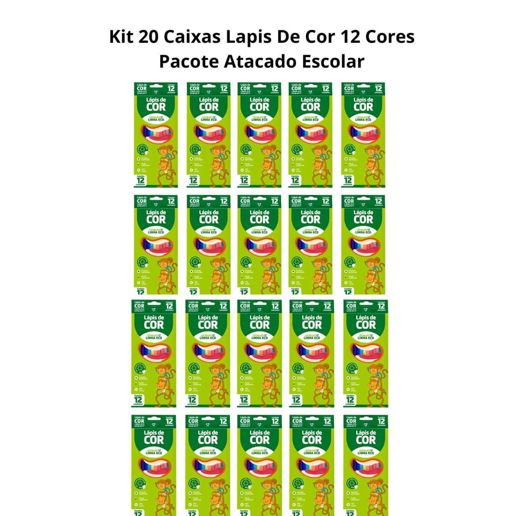Kit 20 Caixas Lapis De Cor 12 Cores - Leo&Leo - Pacote Atacado Escolar