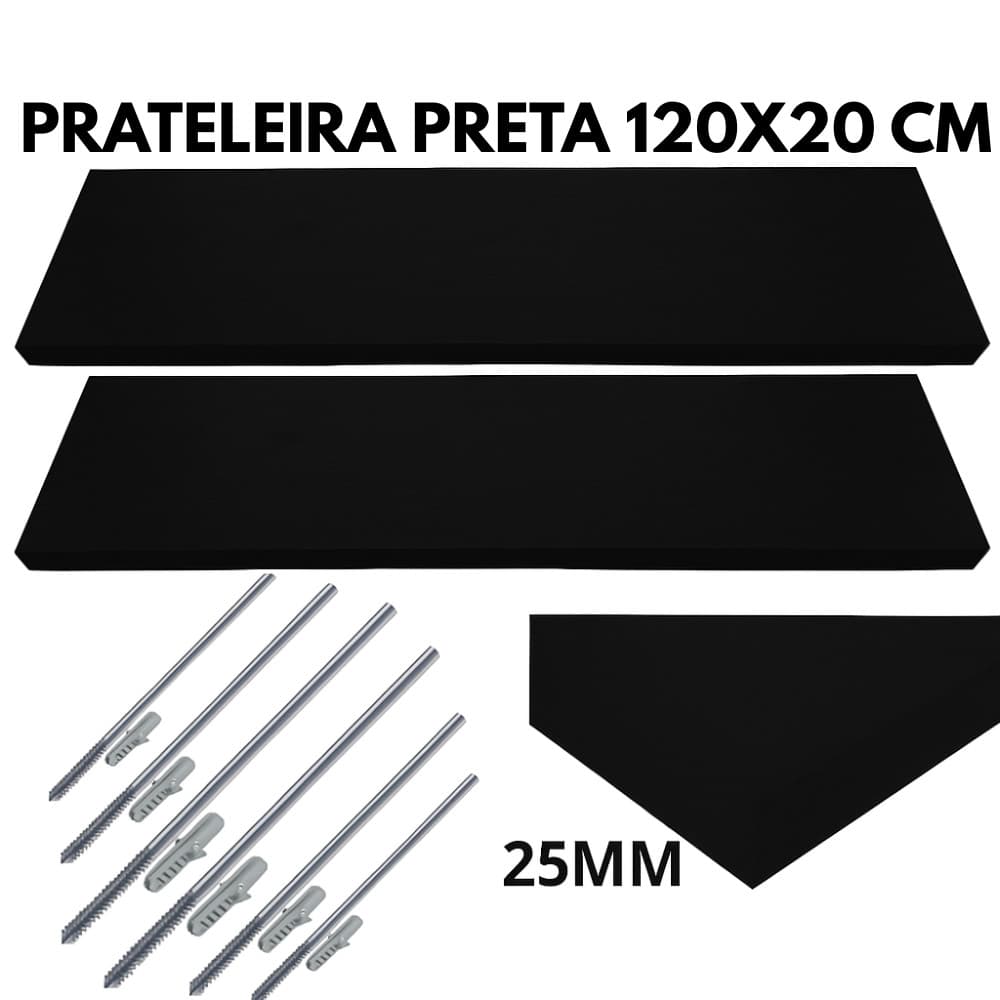 Prateleiras Mdf 120x20 Perfil Grosso 25mm Preta com Suporte para Fixação