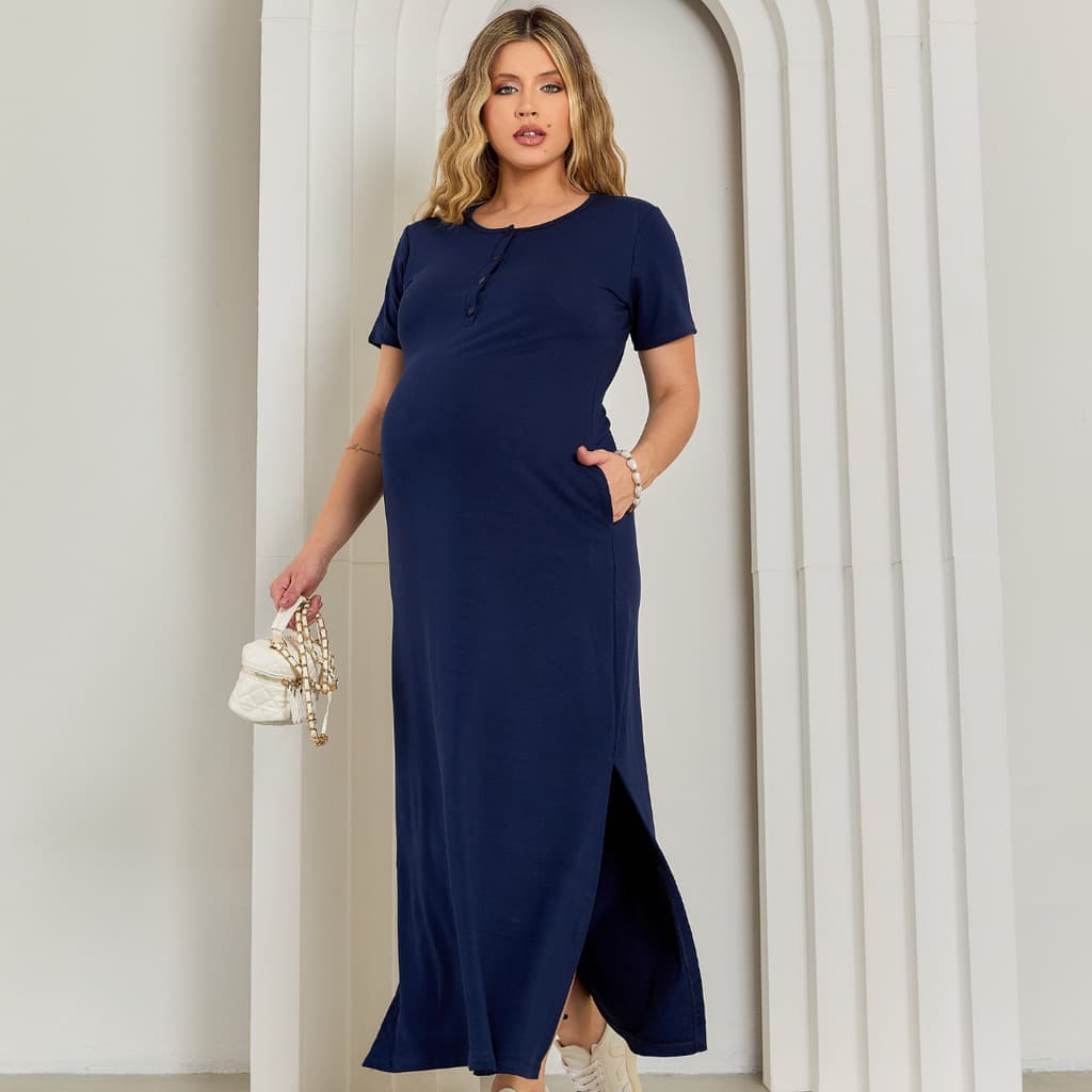 Vestido Gestante Botões Amamentação Fenda Lateral Maternidade Elegante Enxoval