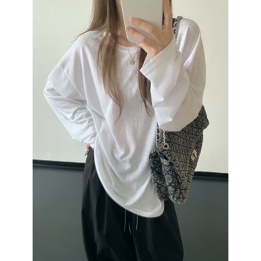 Sun Pomelo Raw Edge Cool Feeling Lyocell Linho Solto Gola Redonda Manga Longa Casual Solta Chi Blusa de Malha Feminina