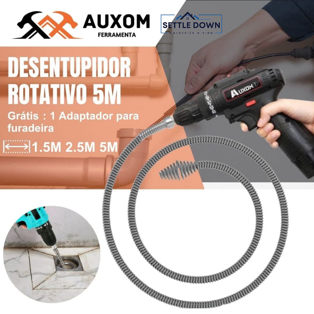Desentupidor de Cano Rotativo AUXOM 5m com Adaptador para Furadeira Mola de Aço Pia Ralo Cozinha Banheiro