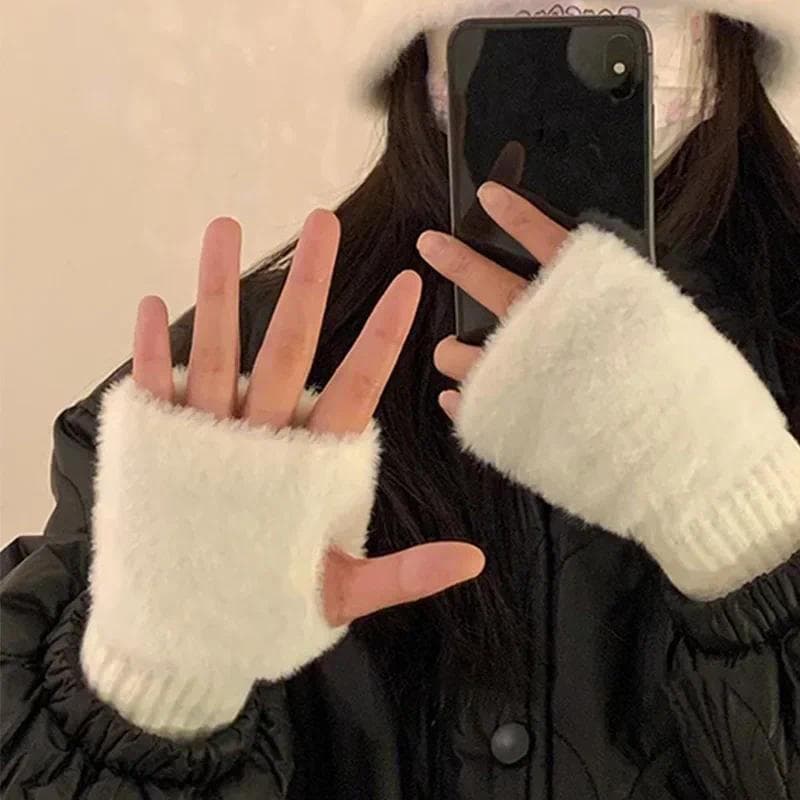 Mink Velo Macio Inverno Meio Dedo Luvas Femininas Quente Luxo Sólido Branco Pelúcia Malha Sem Dedos De Pulso Escrita
