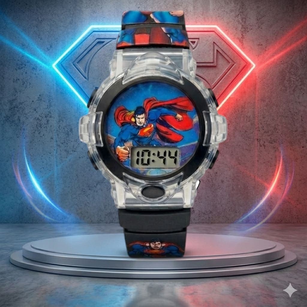 Relógio Infantil Digital Musical Super Homem Menino DC Comics Super Herói Pulseira Macia Presente Criança