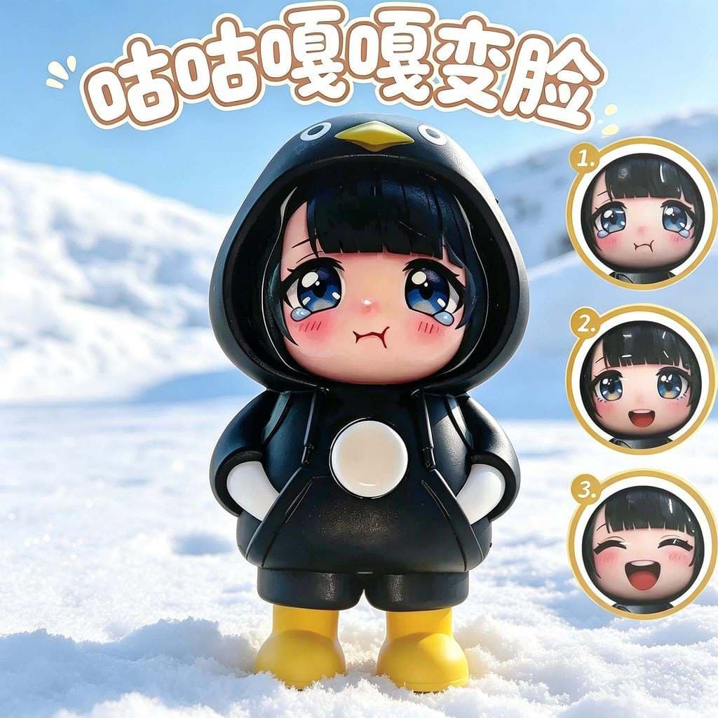 Cuco Gaga boneca que muda de rosto, modelo de mercadoria, desenho animado, pinguim fofo, enfeites com capuz, educação in