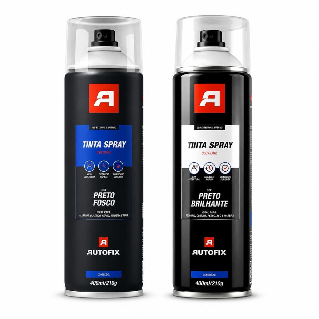 Kit 02 Tinta Spray Preto Brilhante + Preto Fosco 400ml Autofix Plástico Metal Madeira Automotivo