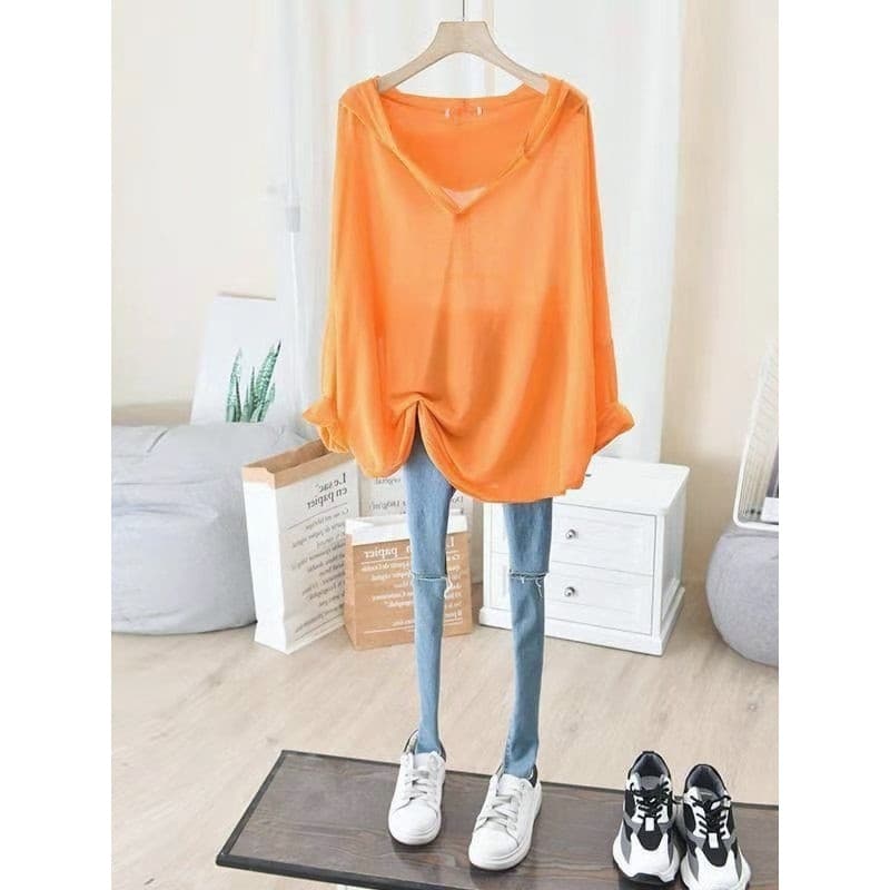 Blusa com capuz gordura mm estilo fino versão coreana cor sólida com decote em V manga comprida protetor solar roupas fe