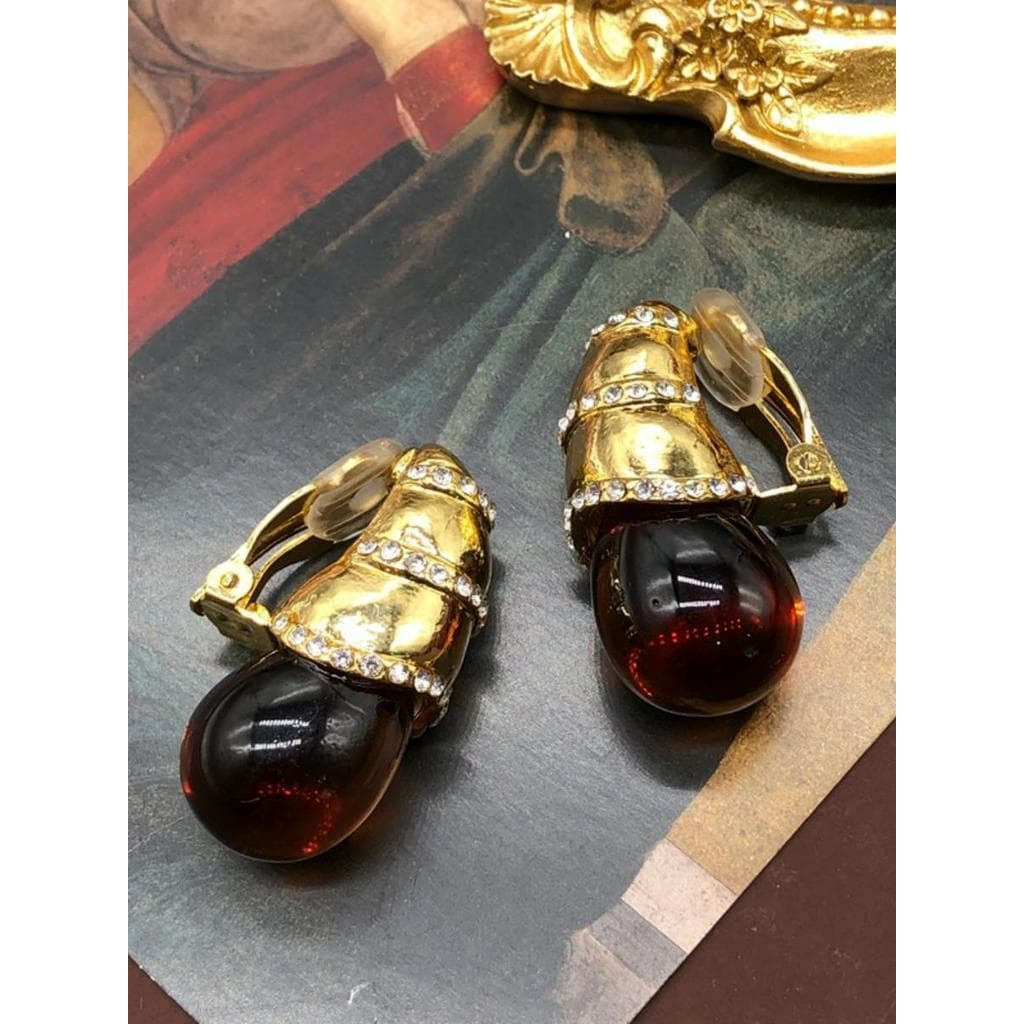 Clipe de orelha retrô francês, clipe de orelha de vidro vermelho transparente, estilo palácio elegante, Medieval, requin