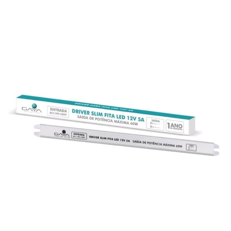 DRIVER SLIM em alumínio p/ Fita LED (5A / 12V / Potência Máx. 60W) Gaya