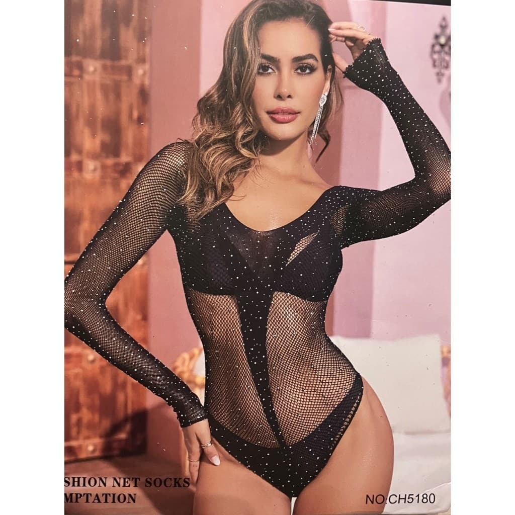 Body Arrastão Preto com Strass – Manga Longa, Transparente, Fashion, Ideal para Balada, Shows Festas