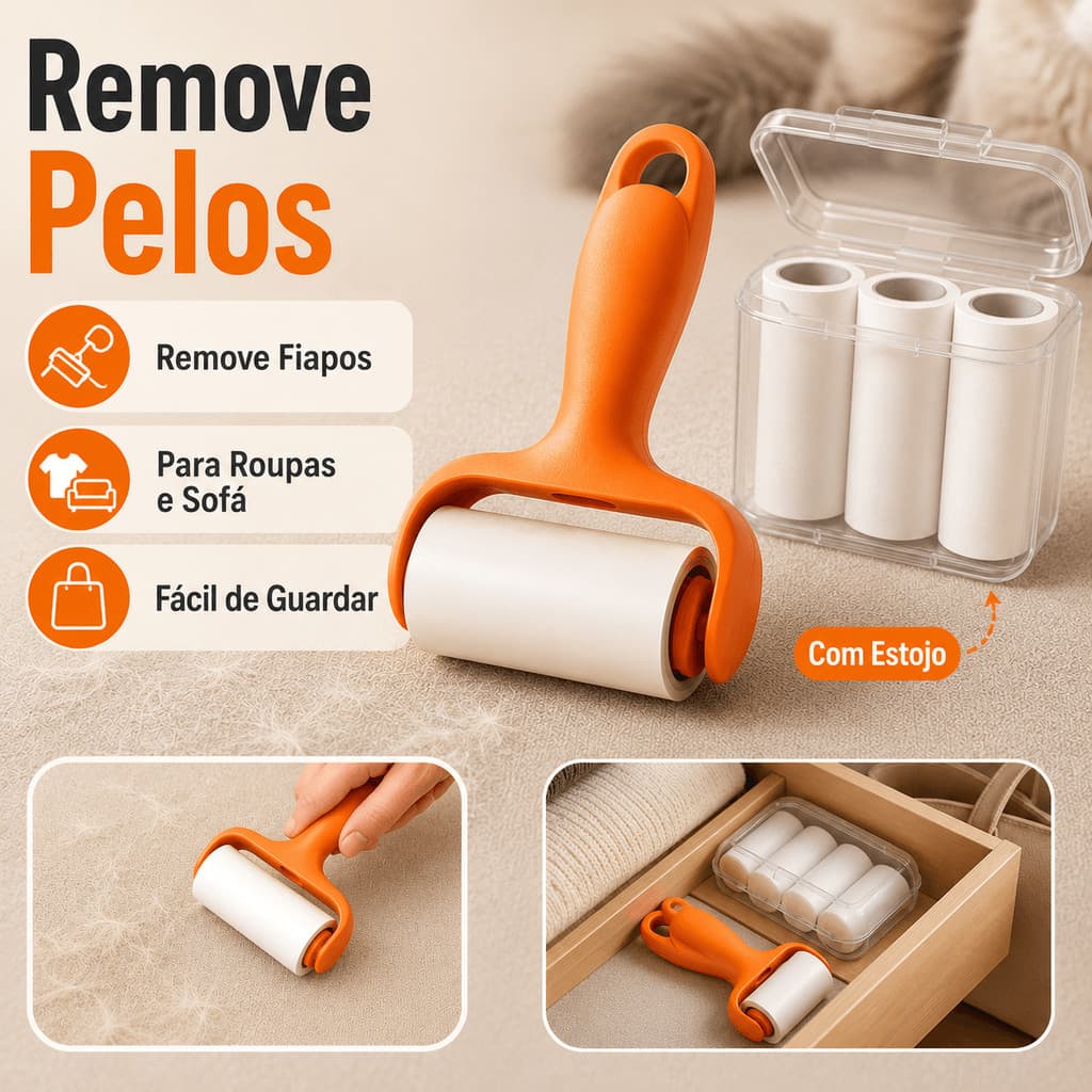 Rolo Tira Pelos Mini Portátil com Estojo + 3 Refis | Remove Pelos de Pet, Cachorro e Gato, Fiapos e Poeira