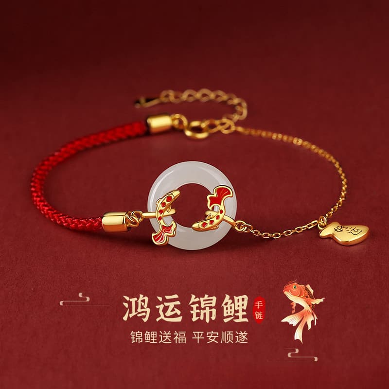 Lucky Peace Buckle Koi Pulseira Feminina Verão Zodíaco Ano Corda Vermelha Sênior