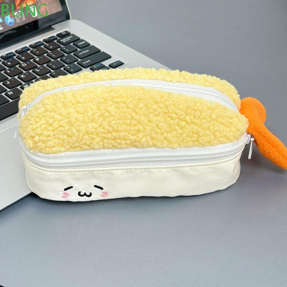 Bolsa De Caneta BLING , Lápis De Camada Dupla De Pelúcia , Papelaria Em Formato De Camarão Frito De Grande Capacidade