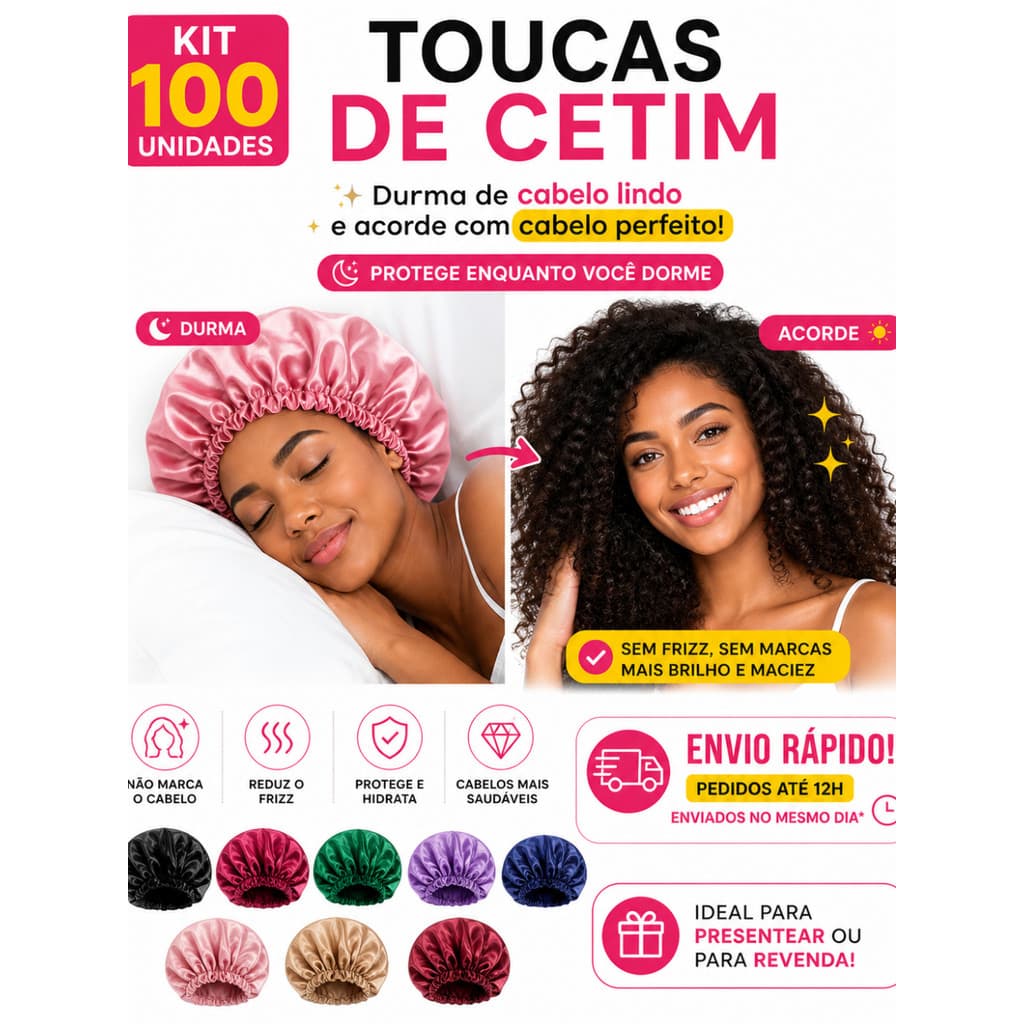 Kit 100 Toucas de Cetim Para Dormir Anti Frizz Não Amassa Cabelo Proteção Noturna Alta Qualidade
