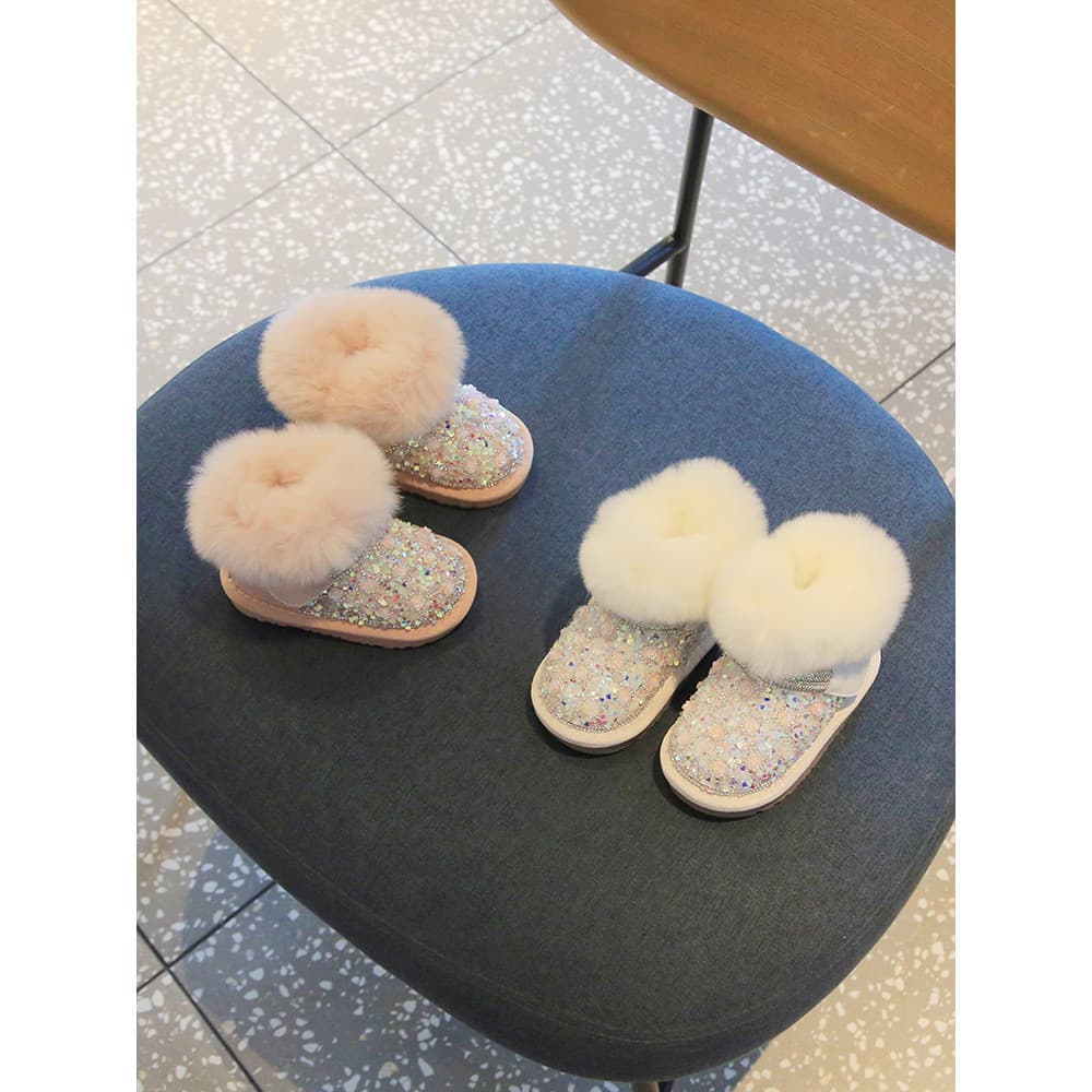 Meninas botas de neve lantejoulas princesa botas de pele velo quente algodão sapatos do bebê botas curtas sola macia da