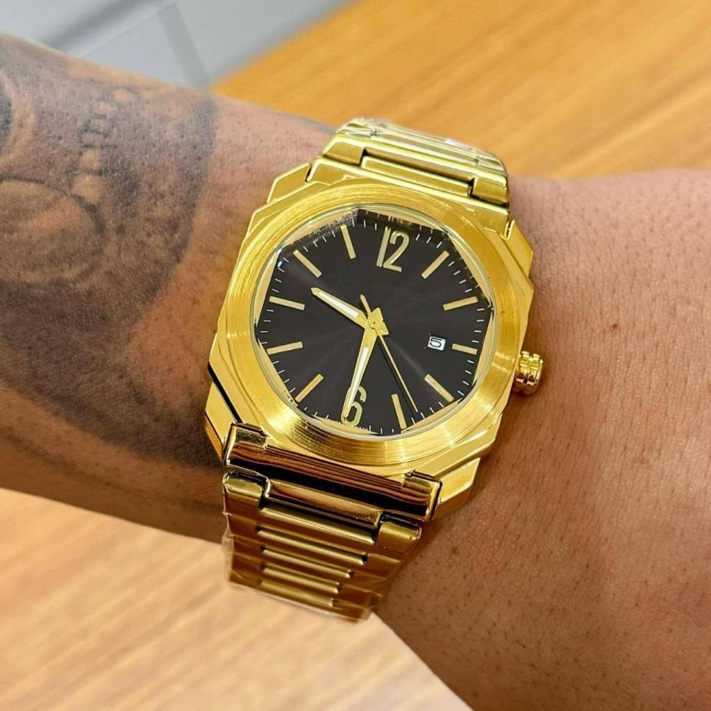 Relógio Masculino Luxuoso Social Casual Prateado e Dourado Banhado á Ouro 18K Aço Inoxidável c/ Caixa