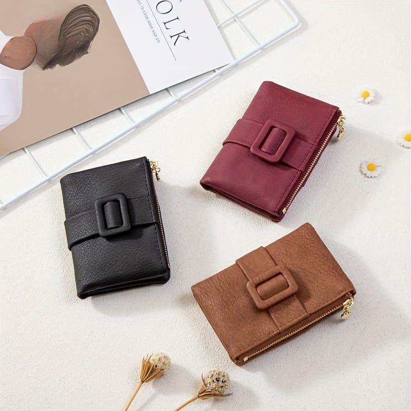 Mini carteira minimalista com zíper e fivela decorativa para mulheres, versátil e combinável com tudo, porta-cartões de