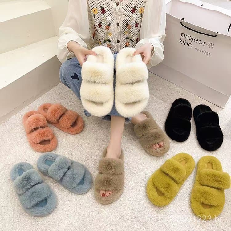 Chinelos de algodão feminino novo estilo chinelos de pelúcia feminino outono inverno novo estilo exterior usar plana Fli