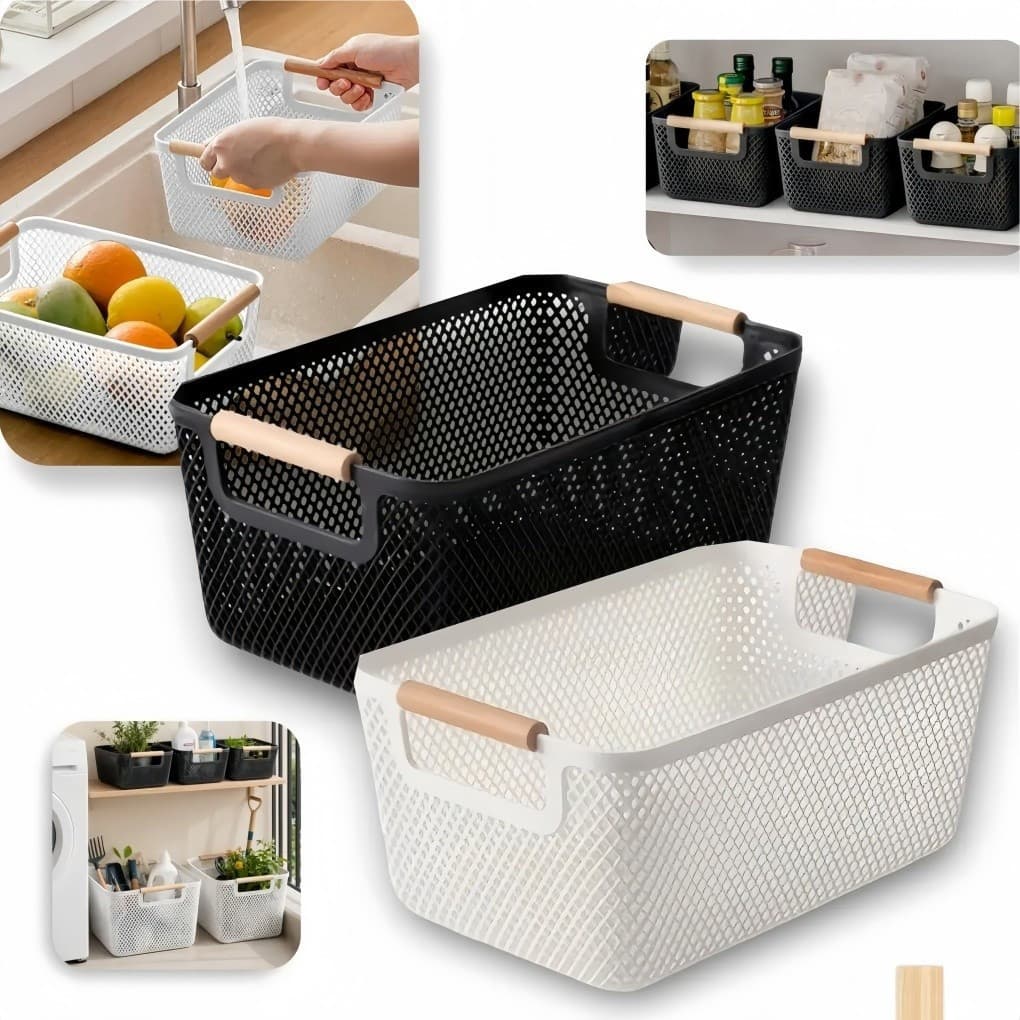 Cesto Organizador Multiuso Plástico Resistente | Alça Estilo Bambu | Cozinha, Banheiro e Lavanderia