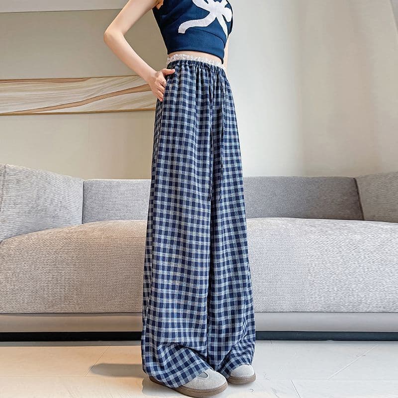 Retro renda xadrez padrão renda cintura alta calças largas perna feminina verão Drape calças casuais retas