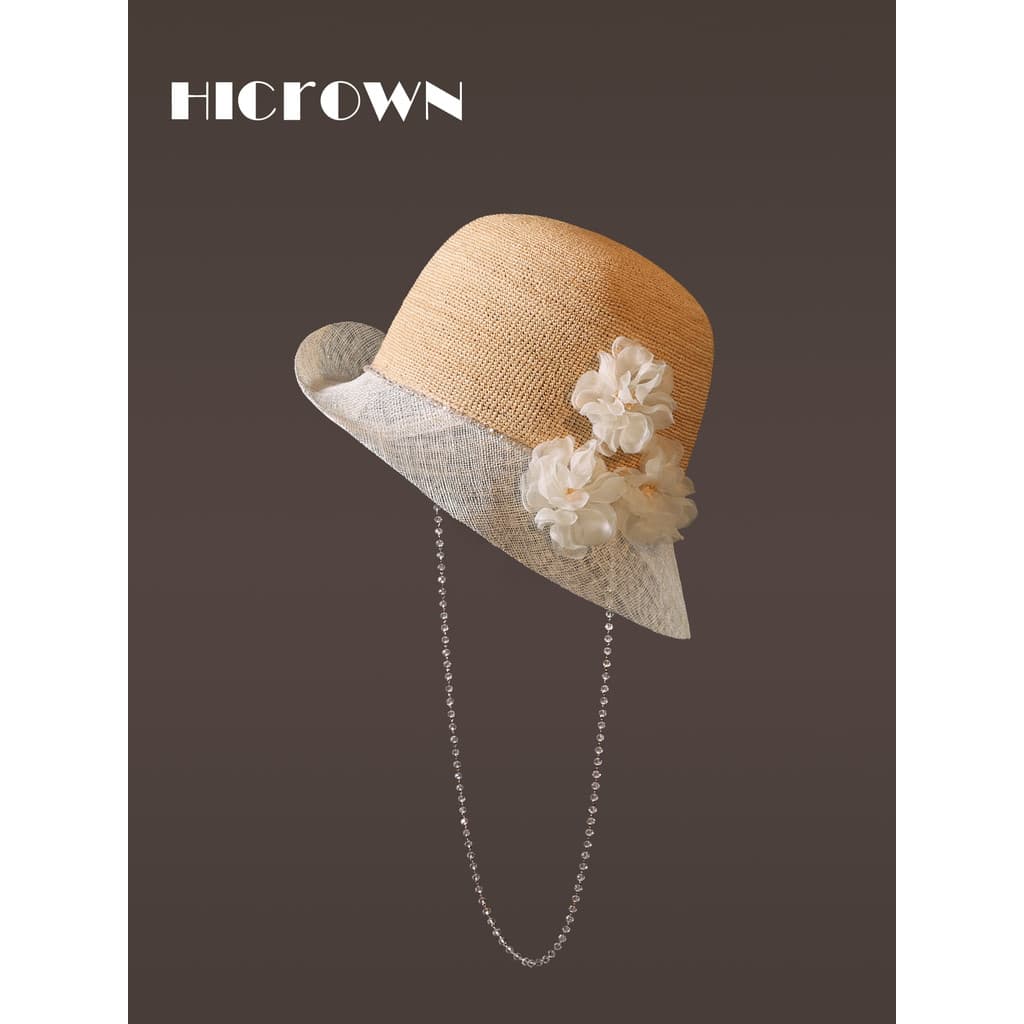Francês elegante ráfia chapéu de palha senhoras Irregular Curling borda estilo celebridade flor decoração pára-sol Retro