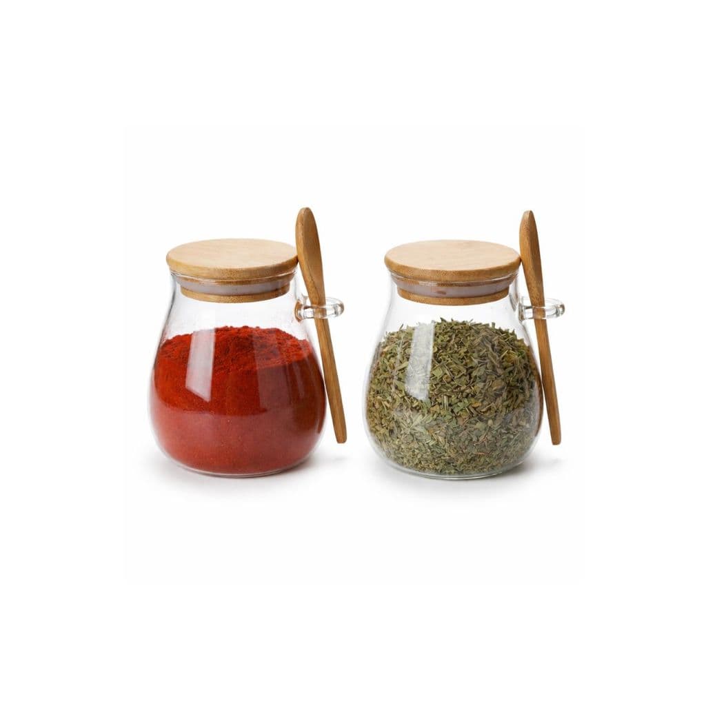Kit 2 Potes De Vidro Herméticos Com Tampa De Bambu Com Colher De 410ml Para Mantimentos Alimentos Grãos Café