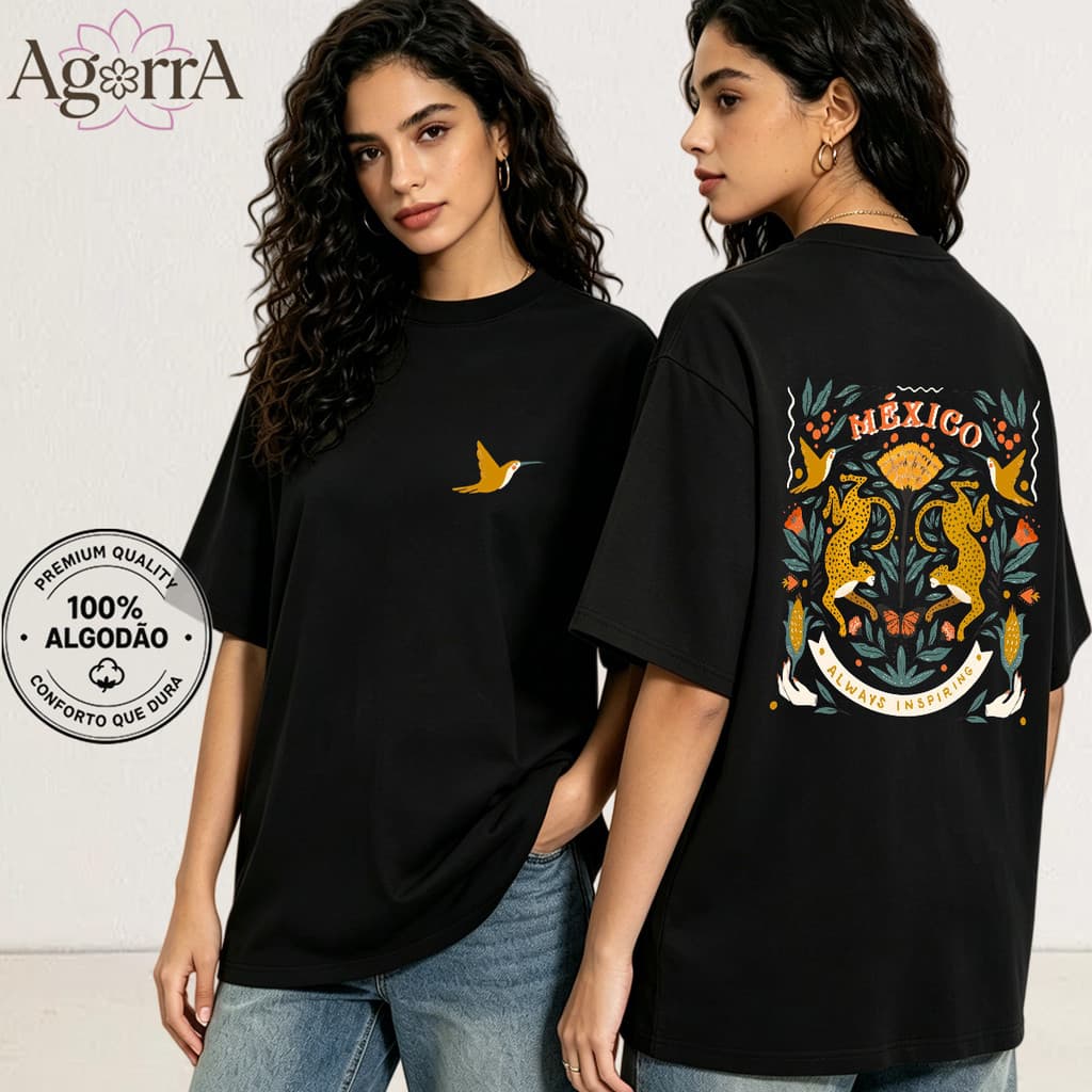 Camiseta Feminina 100% Algodão Estampa Frente e Costas Manga Curta Tamanhos P ao G3 Casual Streetwear Confortável