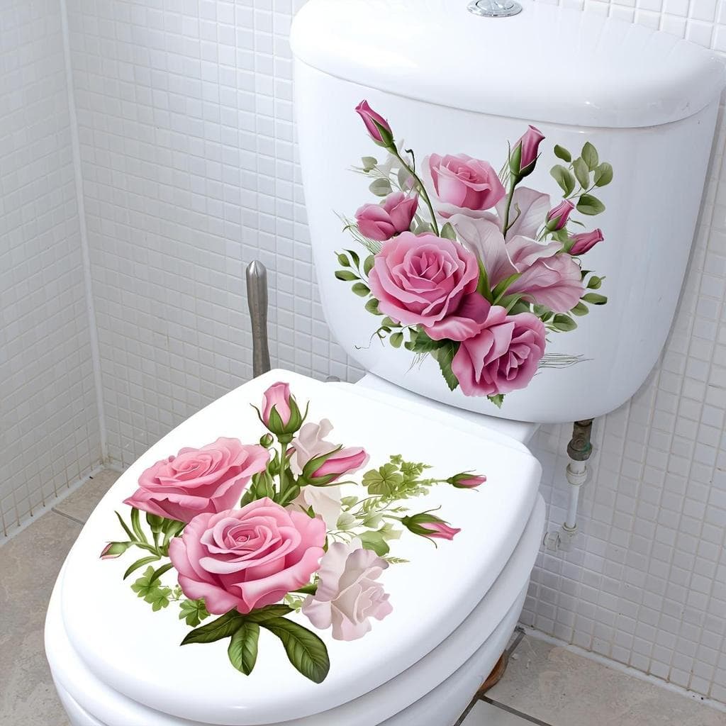 2 Peças De Adesivos Para Assento De Vaso Sanitário Com Padrão Rosa . Autoadesivo , À Prova D'água , Decoração De Banheir