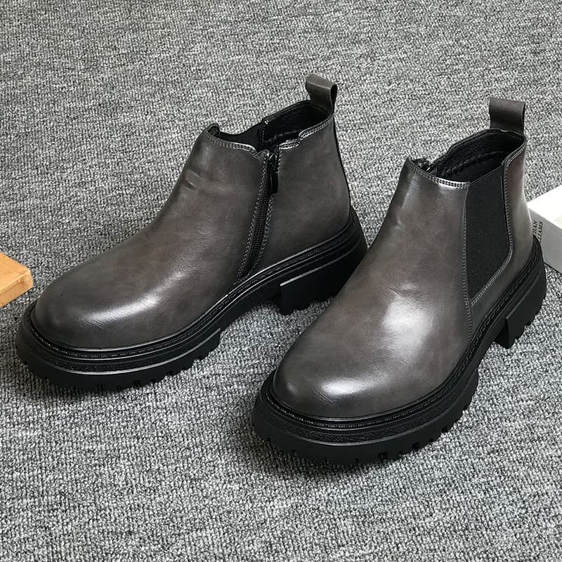 2026 novo estilo britânico masculino Mid-High-Top sapatos de couro de sola grossa aumentando capa pé zíper lateral Chels