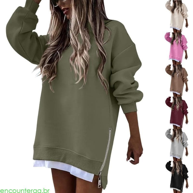 Encountera Blusa Feminina Capuz E Cor Sólida, Casual, Solta, Comprida, Pulôver