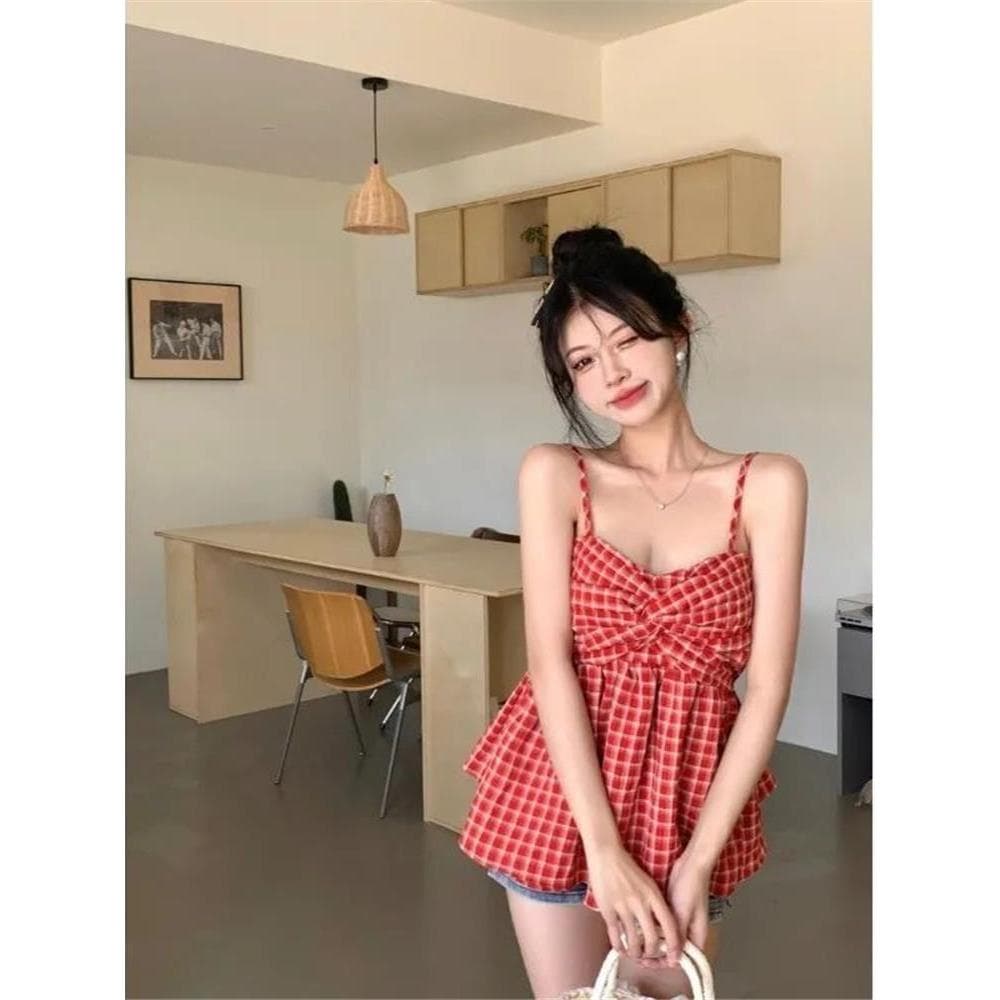 Verão doce Design Bowknot xadrez camisola feminina verão puro desejo doce menina quente sem mangas topo
