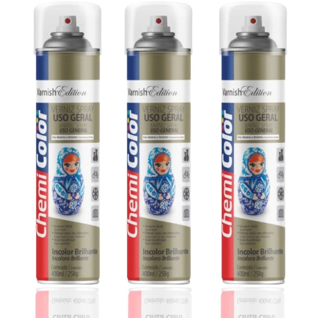 Kit 3 Verniz Spray Incolor Brilhante Uso Geral 400ml Chemicolor Secagem Rapida Metal MDF Gesso Vime