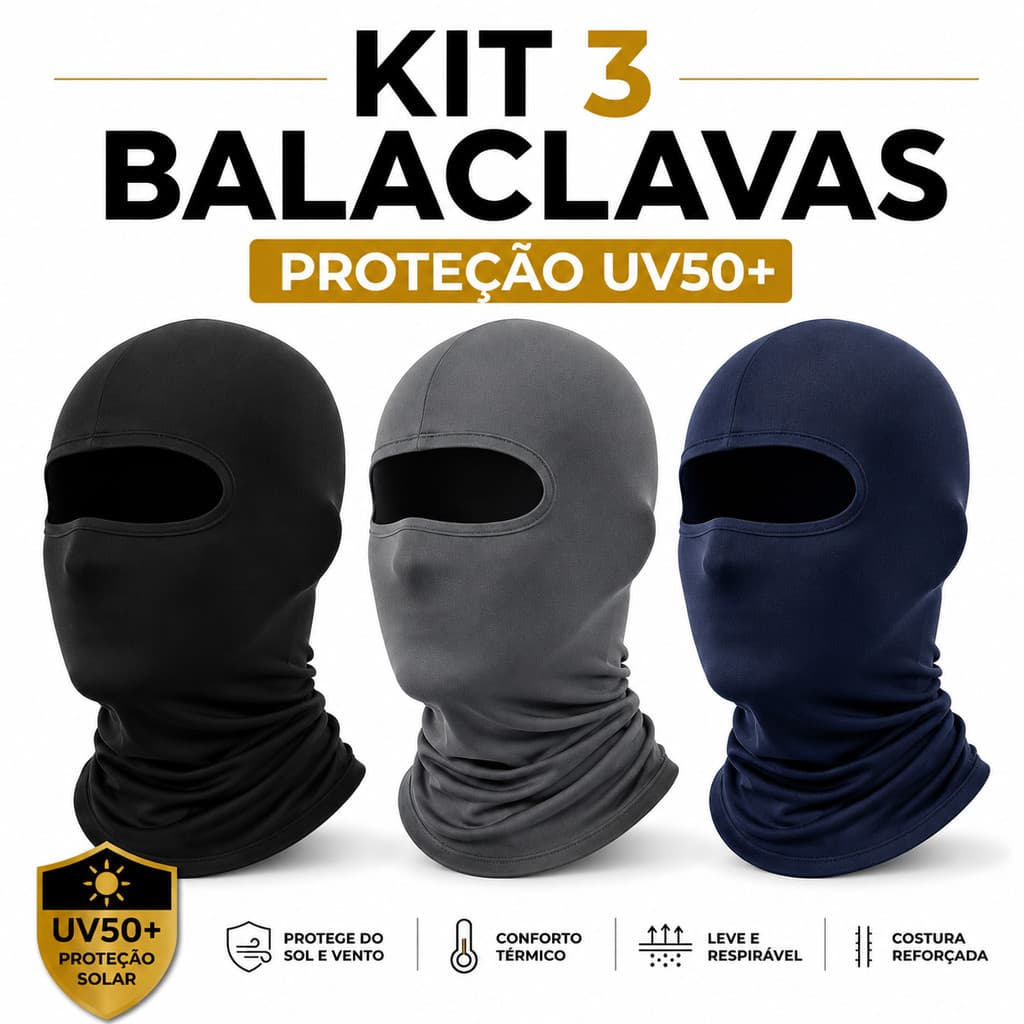 kit 3 Toucas Ninja balaclava Preta - toca - Proteção solar de Rosto - Uv 50+